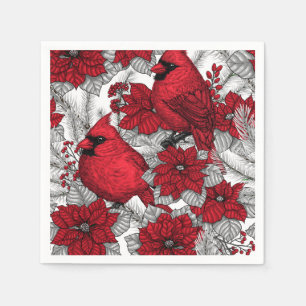 Cardinals and poinsettia in red and white napkin