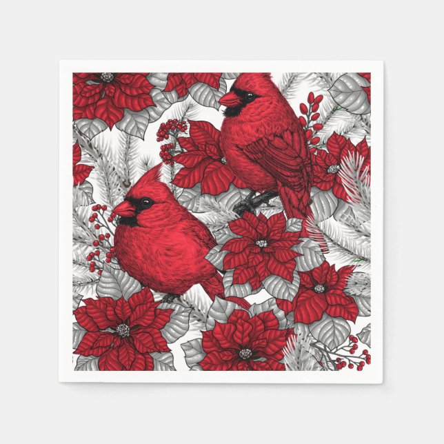 Cardinals and poinsettia in red and white napkin (Front)