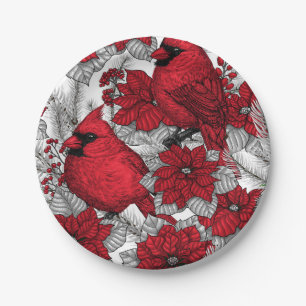 Cardinals and poinsettia in red and white paper plate