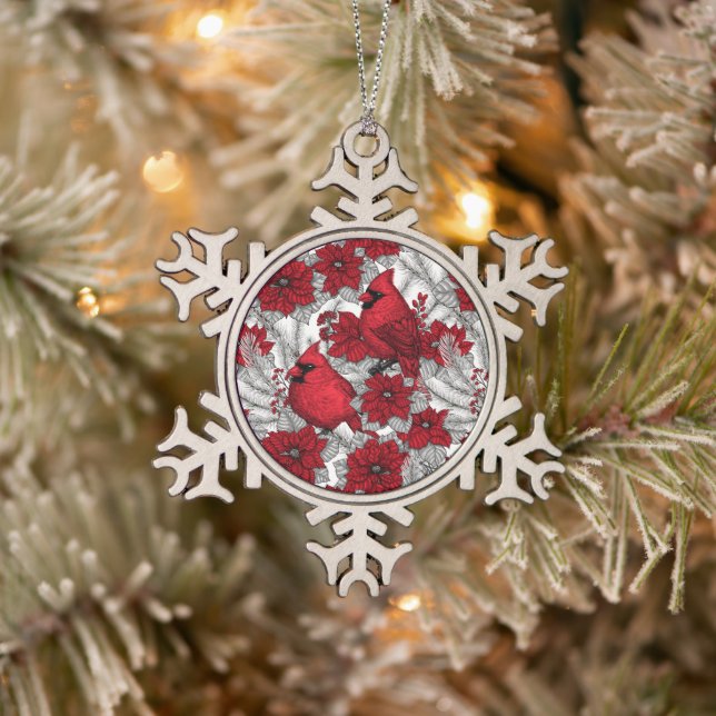 Cardinals and poinsettia in red and white snowflake pewter christmas ornament (Tree)