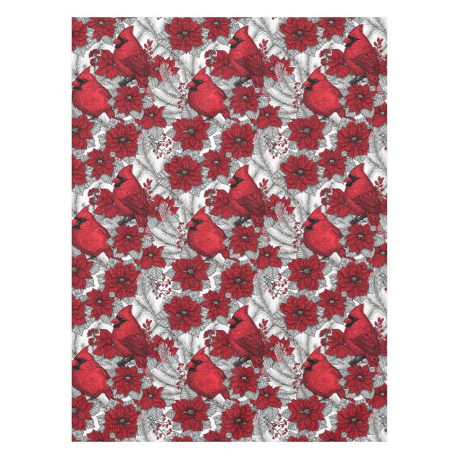Cardinals and poinsettia in red and white tablecloth (Front)