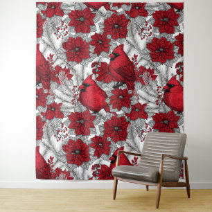 Cardinals and poinsettia in red and white tapestry