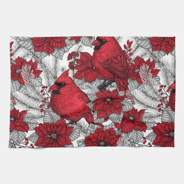 Cardinals and poinsettia in red and white tea towel (Horizontal)