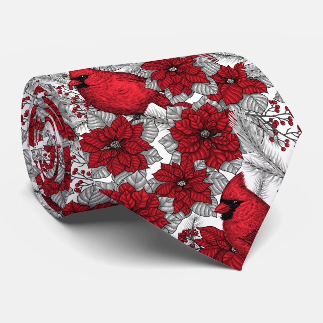 Cardinals and poinsettia in red and white tie (Rolled)