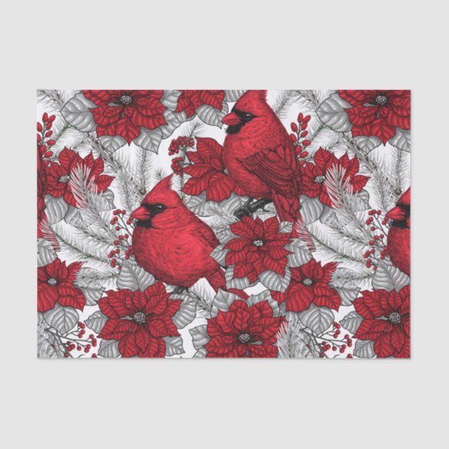 Cardinals and poinsettia in red and white tissue paper (Front)