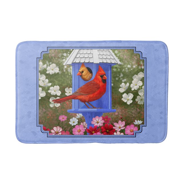 Cardinals and Round Birdhouse Blue Bath Mat (Front)