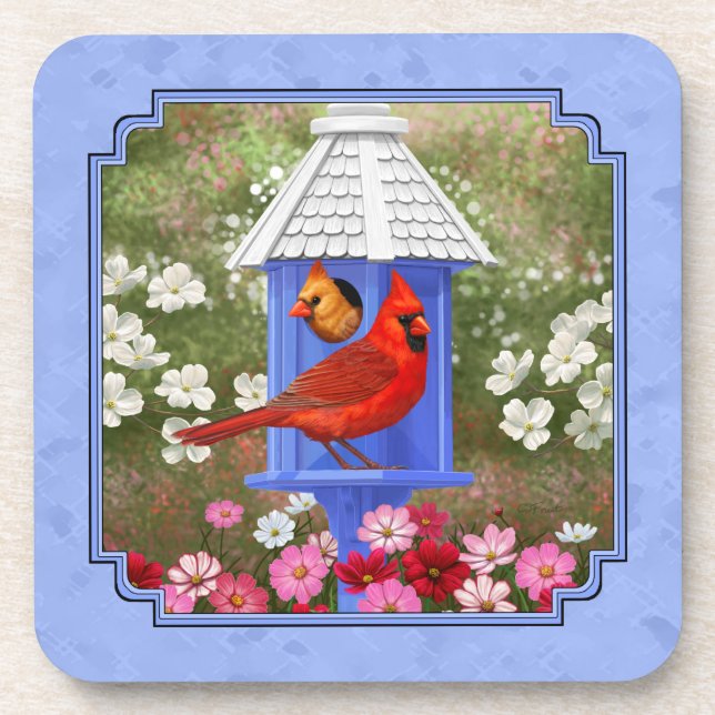 Cardinals and Round Birdhouse Blue Coaster (Front)