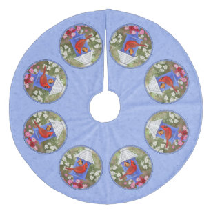 Cardinals and Round Birdhouse Blue Fleece Tree Skirt