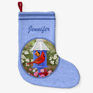 Cardinals and Round Birdhouse Blue Small Christmas Stocking