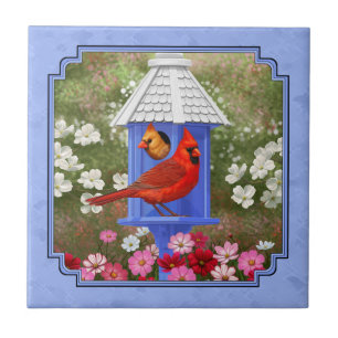 Cardinals and Round Birdhouse Blue Tile