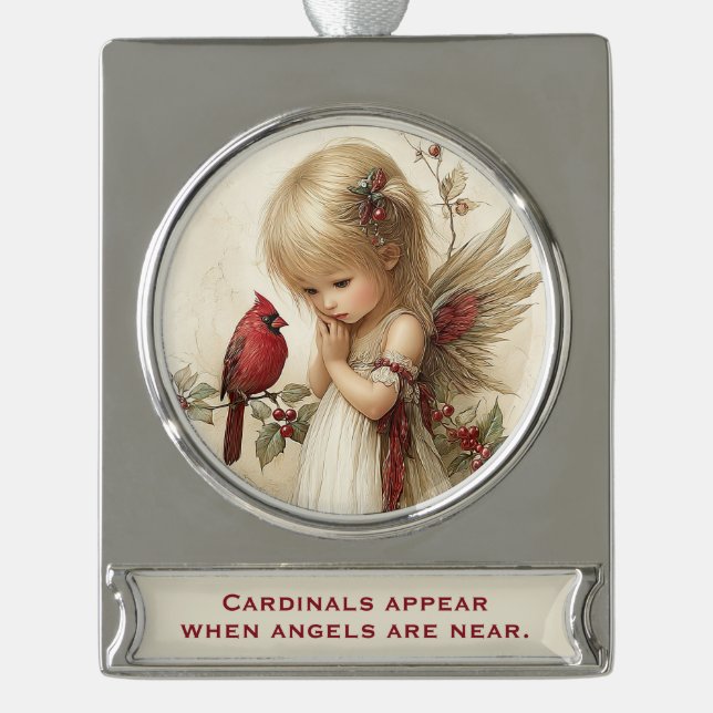 Cardinals Appear – Angelic Christmas Keepsake Silver Plated Banner Ornament (Front)