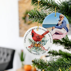 Cardinals Appear Holiday Greenery Photo Ceramic Tree Decoration