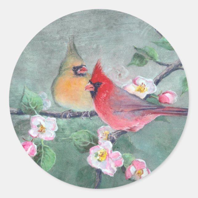 CARDINALS & APPLE BLOSSOMS by SHARON SHARPE Classic Round Sticker (Front)