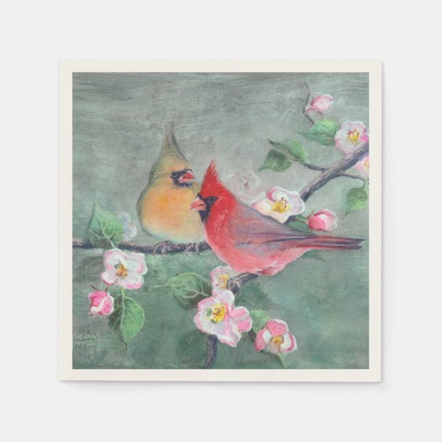 CARDINALS & APPLE BLOSSOMS by SHARON SHARPE Napkin (Front)
