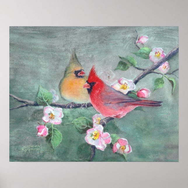 CARDINALS & APPLE BLOSSOMS by SHARON SHARPE Poster (Front)