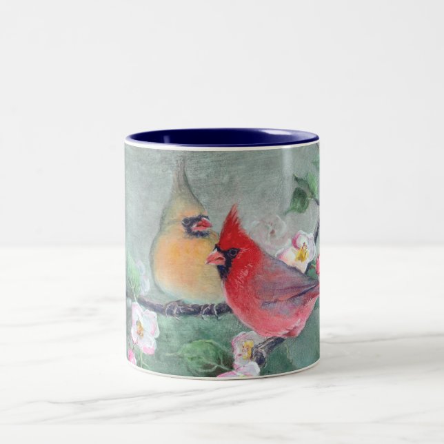 CARDINALS & APPLE BLOSSOMS by SHARON SHARPE Two-Tone Coffee Mug (Center)