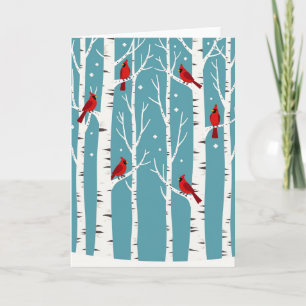 Cardinals Birch Trees Winter Snow Card