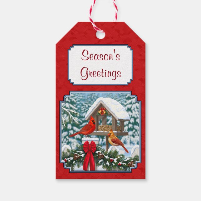 Cardinals Christmas Birdfeeder Red Gift Tags (Front)