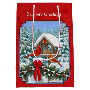 Cardinals Christmas Birdfeeder Red Medium Gift Bag