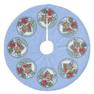 Cardinals Christmas Feast Blue Fleece Tree Skirt