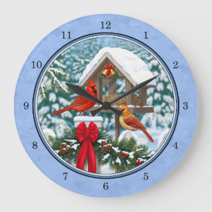 Cardinals Christmas Feast Blue Large Clock