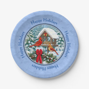 Cardinals Christmas Feast Blue Paper Plate