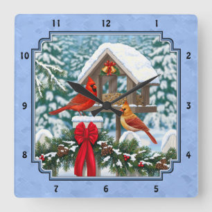 Cardinals Christmas Feast Blue Square Wall Clock