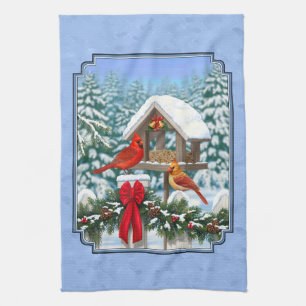Cardinals Christmas Feast Blue Tea Towel