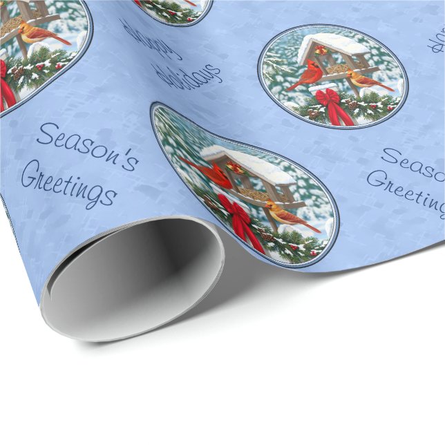 Cardinals Christmas Feast Blue Wrapping Paper (Roll Corner)