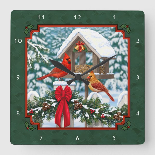 Cardinals Christmas Feast Green Square Wall Clock (Front)