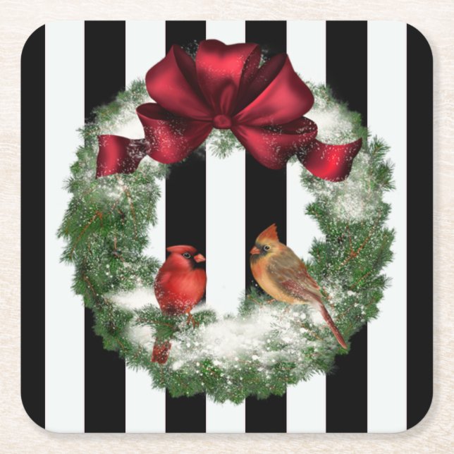 Cardinals Christmas Wreath and Stripes Square Paper Coaster (Front)