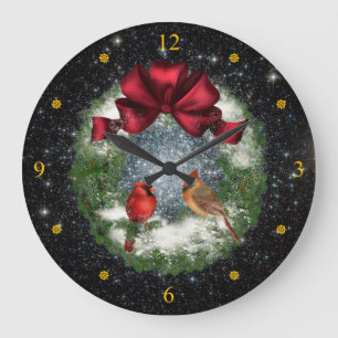 Cardinals ~ Christmas Wreath ~ Night Sky ~ Large Clock