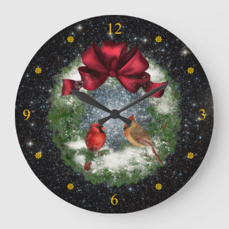 Cardinals ~ Christmas Wreath ~ Night Sky ~ Large Clock