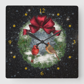 Cardinals ~ Christmas Wreath ~ Night Sky ~  Square Wall Clock