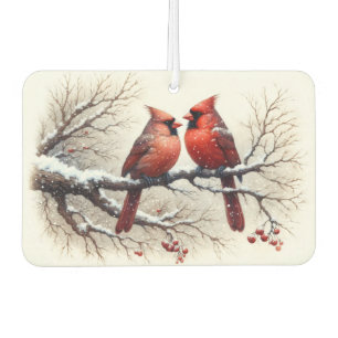 Cardinals in Snow on Tree Branch Red Berries  Car Air Freshener