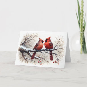 Cardinals in Snow on Tree Branch Red Berries  Card