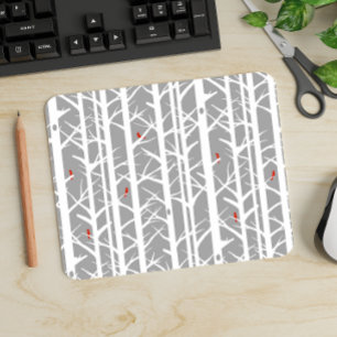 Cardinals in the Birch Trees in Light Gray Mouse Mat