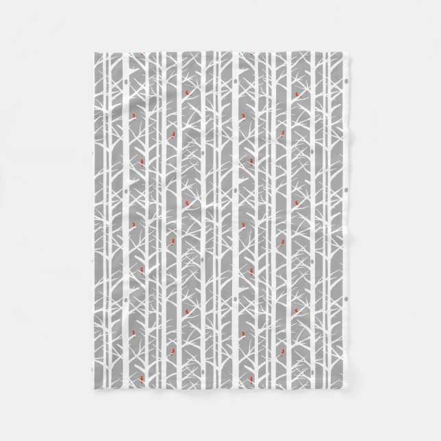Cardinals in the Birch Trees in Light Grey Fleece Blanket (Front)
