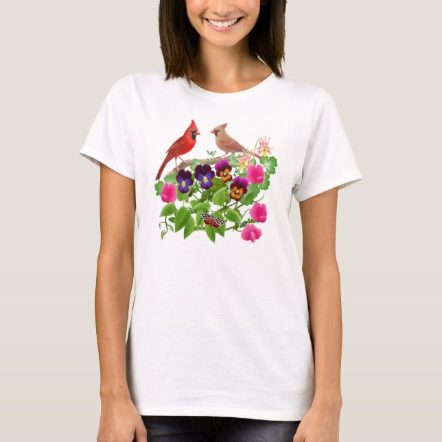 Cardinals in the Garden Baby Doll Shirt (Front)