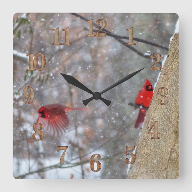 Cardinals in the Snow Square Wall Clock (Front)