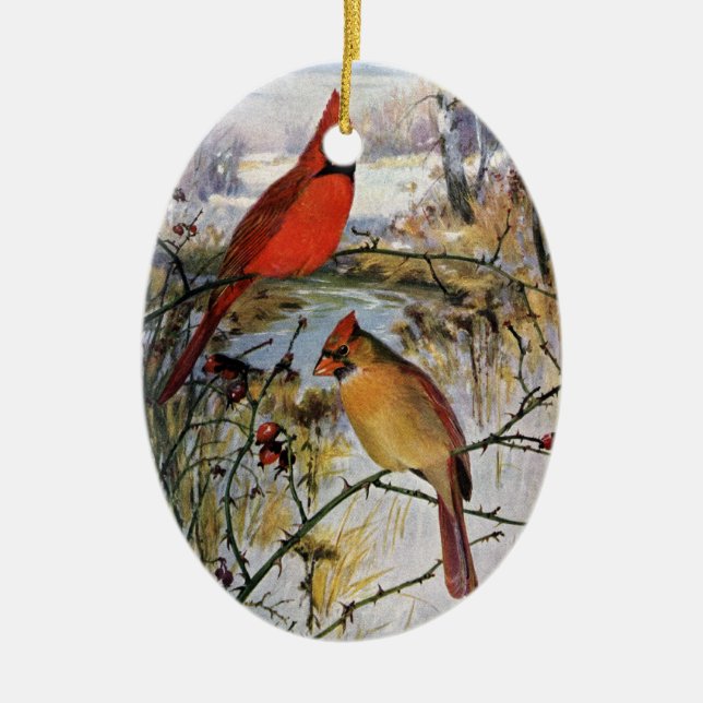 Cardinals in Winter Ceramic Tree Decoration (Front)