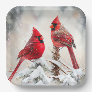 Cardinals in Winter Snow and Evergreen Tree Scene Paper Plate