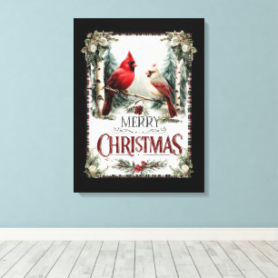 Cardinals on Birch – Rustic Merry Christmas Canvas Print