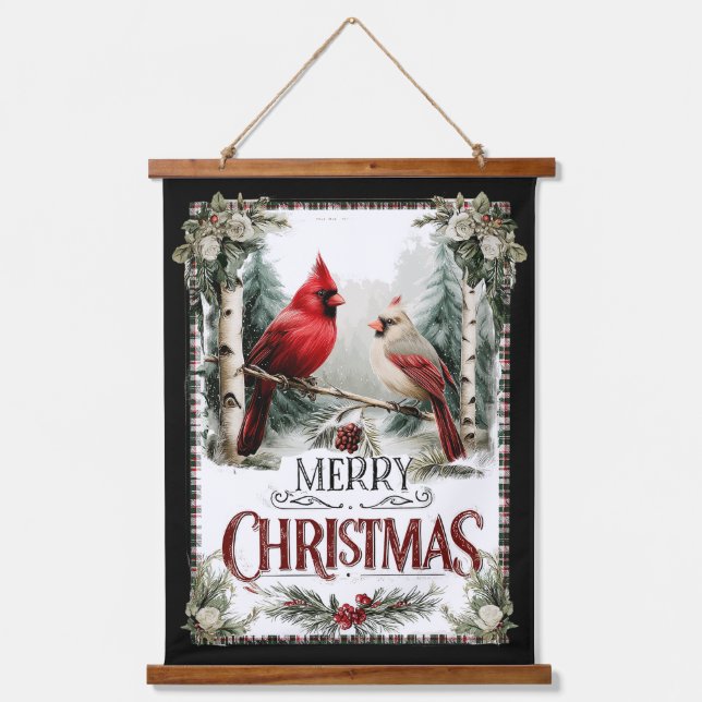 Cardinals on Birch – Rustic Merry Christmas Hanging Tapestry (Front)