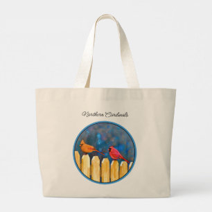 Cardinals on Fence in Winter Painting Original Art Large Tote Bag