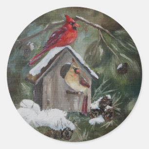 Cardinals On Snowy Birdhouse Classic Round Sticker