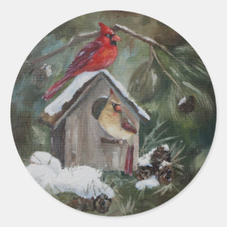 Cardinals On Snowy Birdhouse Classic Round Sticker