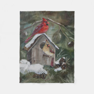 Cardinals on Snowy Birdhouse Fleece Blanket