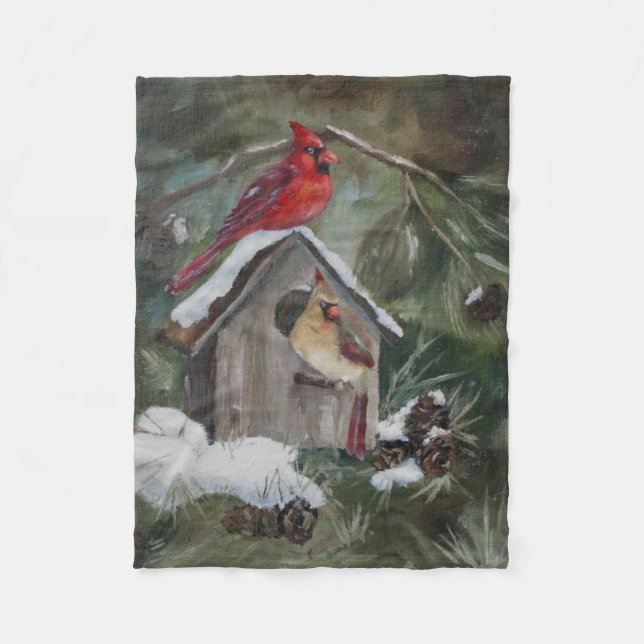 Cardinals on Snowy Birdhouse Fleece Blanket (Front)
