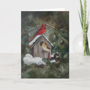 Cardinals on Snowy Birdhouse Holiday Card
